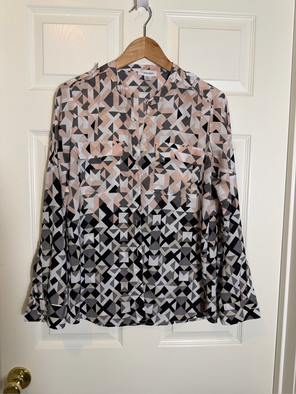 Calvin Klein Black & Pink Geometric Button Down Top with Cinched Sleeves Size M